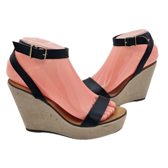 J Crew Womens Tweed Wedge Sandals Open Toe Ankle Strap Made In Italy Black 7.5 - Picture 2 of 13